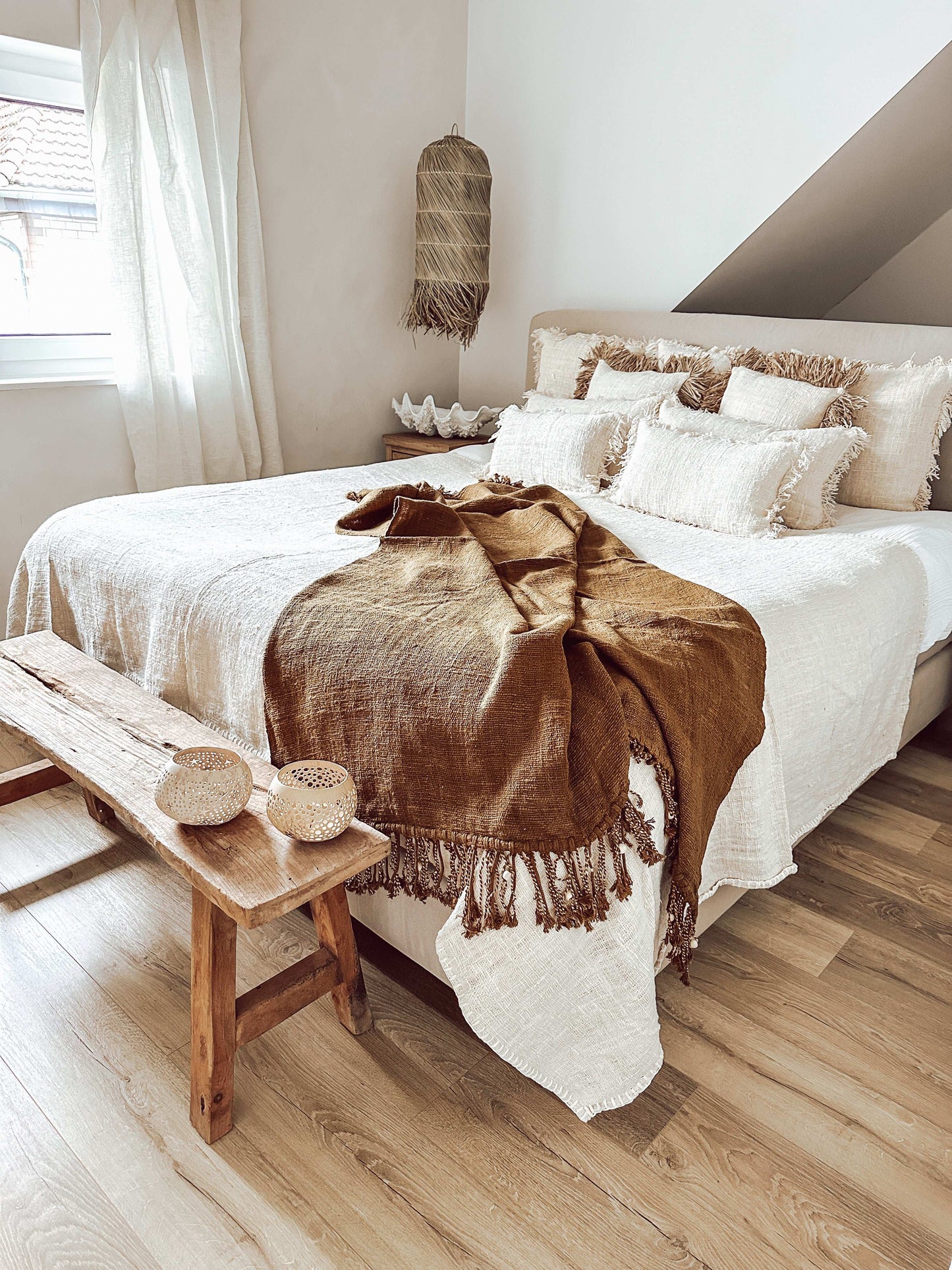 Leinen Decke mit Fransen 130 x 190 cm / Naturgefärbt Braun